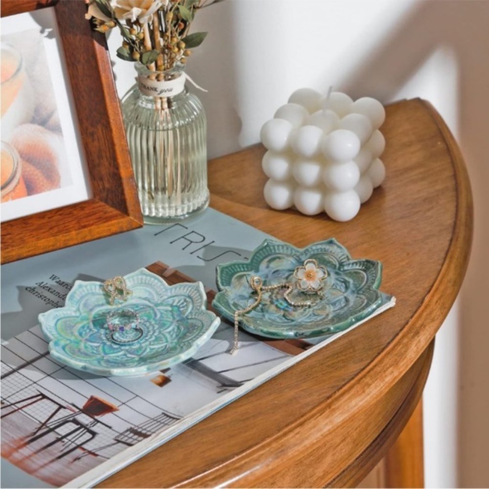 Indie Mandala Floral Blue Boho Hamsa Jewelry Trinket Ring Dish Ceramic Holder - Picture 8 of 8
